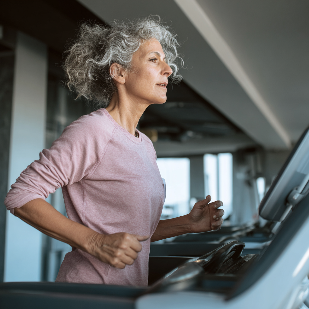 Жінка віком 52 роки займається кардіо-тренуванням на біговій доріжці
