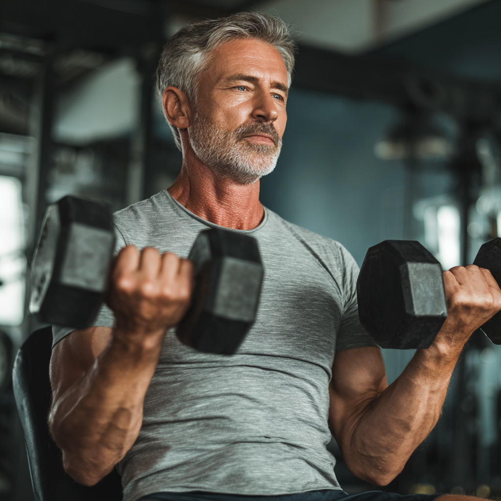 Чоловік віком 58 років виконує силові вправи з гантелями у спортзалі