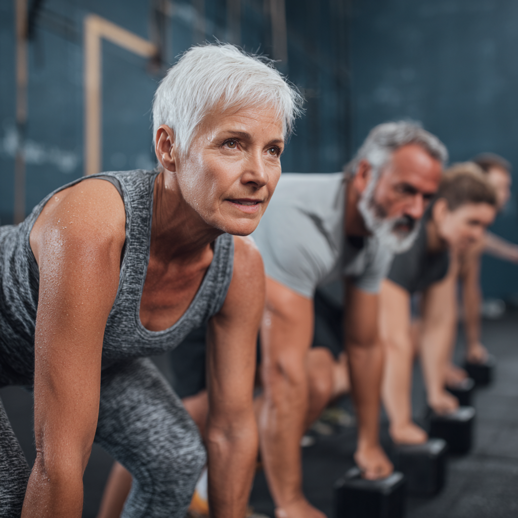 Активні люди віком 55-60 років займаються кросфітом у групі